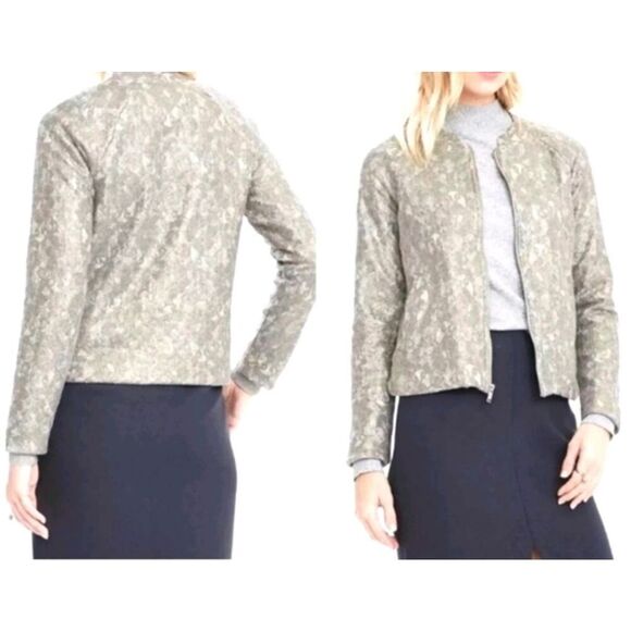 Banana Republic NWT Jacket Gray Floral Sparkle Zips Pockets sz L - Picture 1 of 10